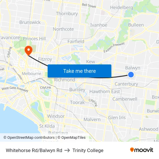 Whitehorse Rd/Balwyn Rd to Trinity College map