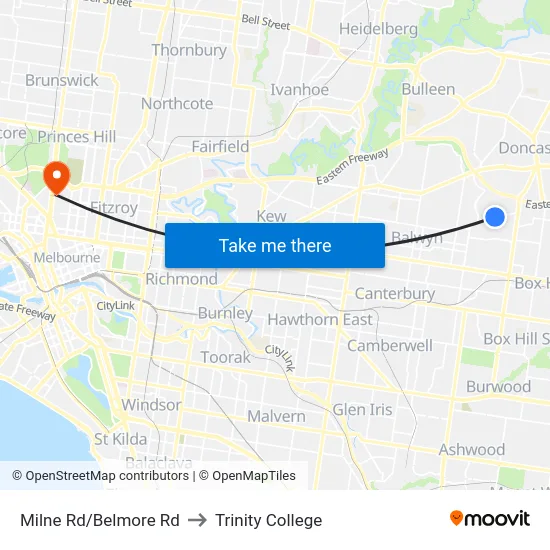 Milne Rd/Belmore Rd to Trinity College map