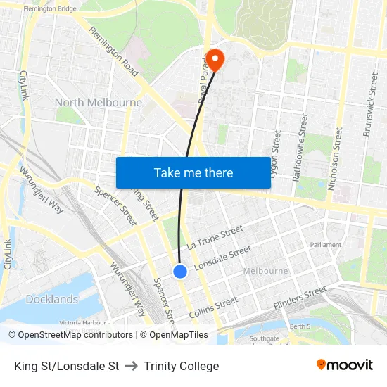 King St/Lonsdale St to Trinity College map