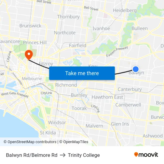 Balwyn Rd/Belmore Rd to Trinity College map