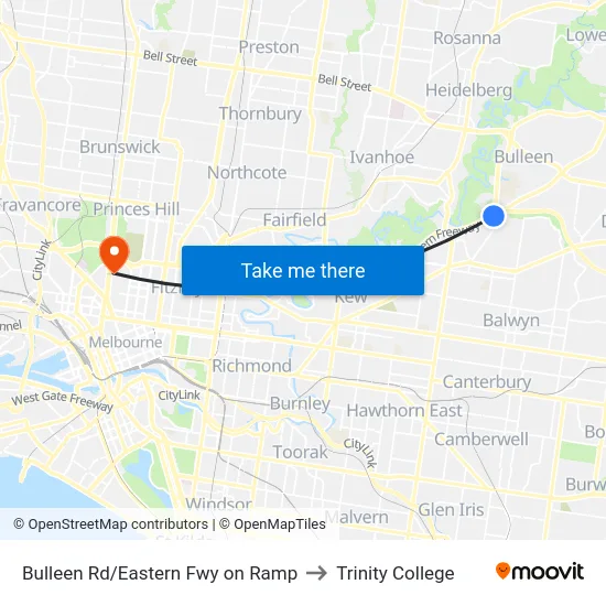 Bulleen Rd/Eastern Fwy on Ramp to Trinity College map