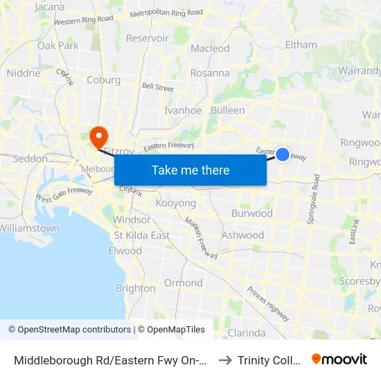 Middleborough Rd/Eastern Fwy On-Ramp to Trinity College map