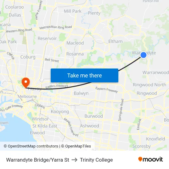 Warrandyte Bridge/Yarra St to Trinity College map
