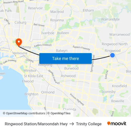 Ringwood Station/Maroondah Hwy to Trinity College map