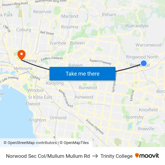 Norwood Sec Col/Mullum Mullum Rd to Trinity College map