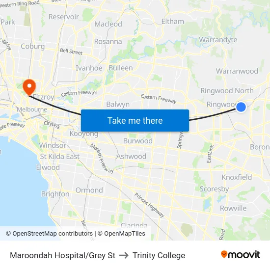 Maroondah Hospital/Grey St to Trinity College map