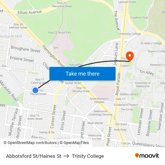 Abbotsford St/Haines St to Trinity College map