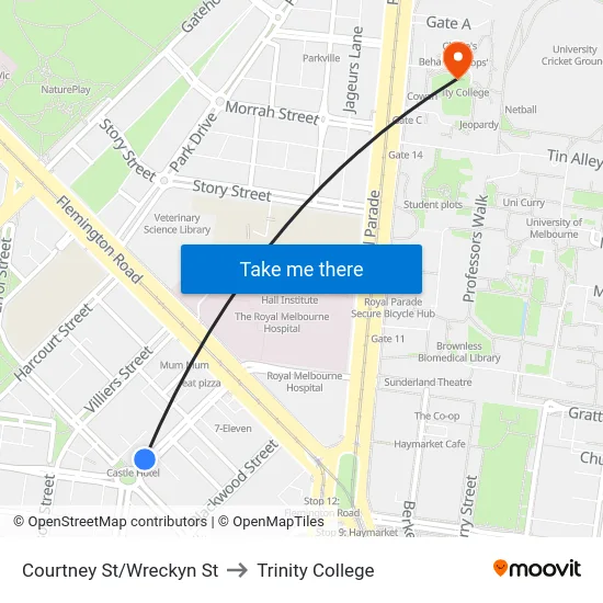 Courtney St/Wreckyn St to Trinity College map