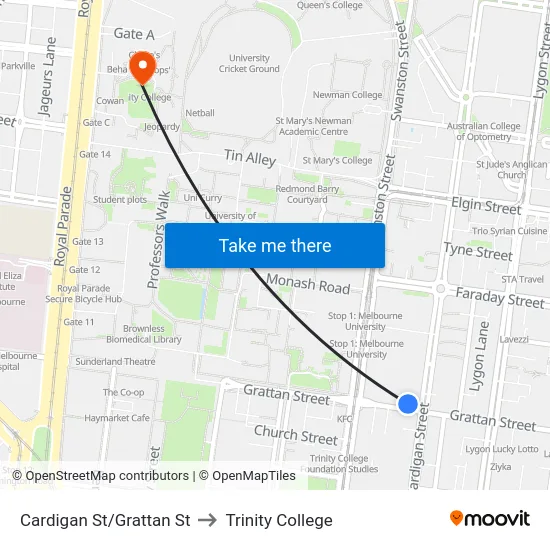 Cardigan St/Grattan St to Trinity College map