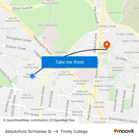 Abbotsford St/Haines St to Trinity College map