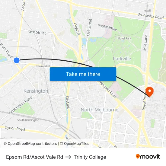 Epsom Rd/Ascot Vale Rd to Trinity College map