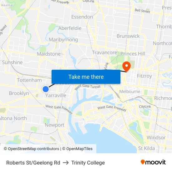 Roberts St/Geelong Rd to Trinity College map