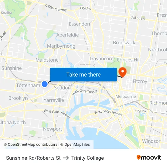 Sunshine Rd/Roberts St to Trinity College map