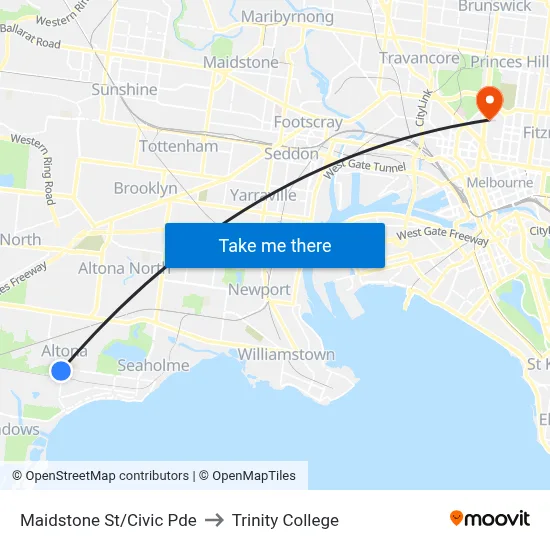 Maidstone St/Civic Pde to Trinity College map