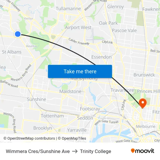 Wimmera Cres/Sunshine Ave to Trinity College map