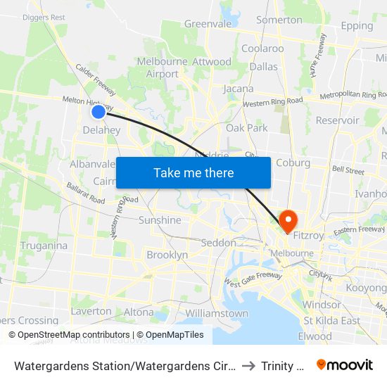 Watergardens Station/Watergardens Circuit Rd (Taylors Lakes) to Trinity College map