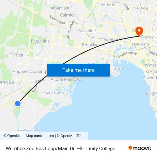 Werribee Zoo Bus Loop/Main Dr to Trinity College map