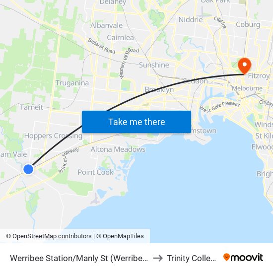 Werribee Station/Manly St (Werribee) to Trinity College map