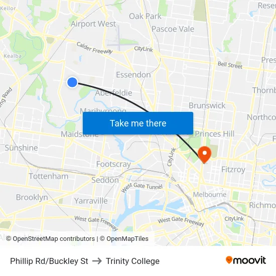 Phillip Rd/Buckley St to Trinity College map