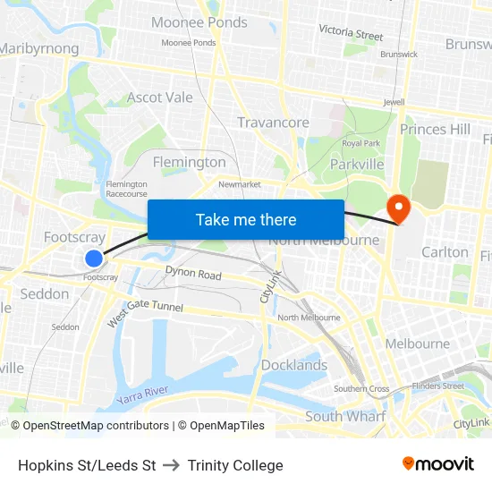 Hopkins St/Leeds St to Trinity College map