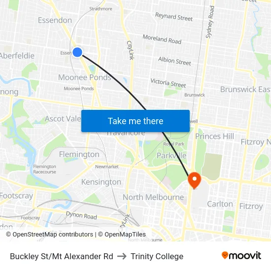 Buckley St/Mt Alexander Rd to Trinity College map