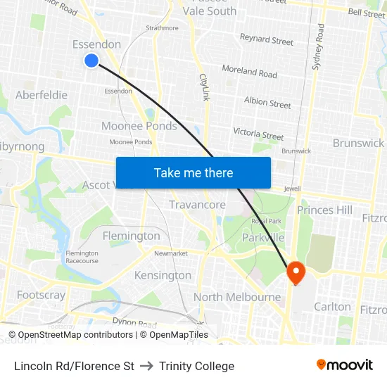 Lincoln Rd/Florence St to Trinity College map
