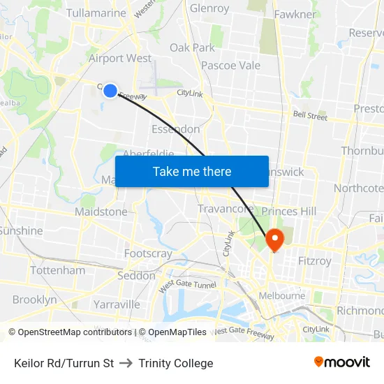 Keilor Rd/Turrun St to Trinity College map