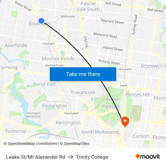 Leake St/Mt Alexander Rd to Trinity College map