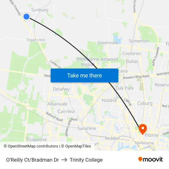 O'Reilly Ct/Bradman Dr to Trinity College map