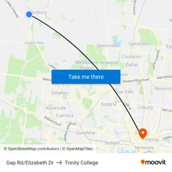Gap Rd/Elizabeth Dr to Trinity College map