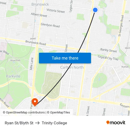 Ryan St/Blyth St to Trinity College map