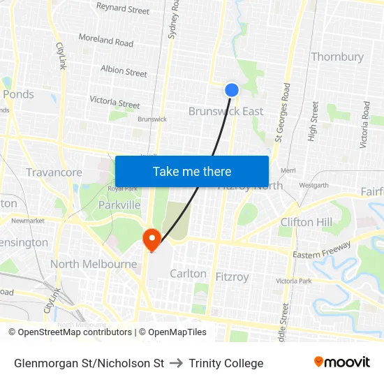 Glenmorgan St/Nicholson St to Trinity College map