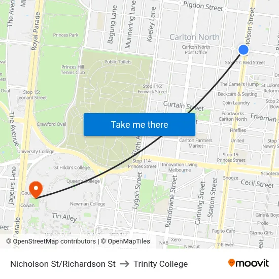 Nicholson St/Richardson St to Trinity College map
