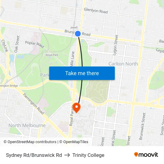 Sydney Rd/Brunswick Rd to Trinity College map