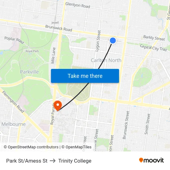 Park St/Amess St to Trinity College map