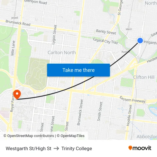Westgarth St/High St to Trinity College map