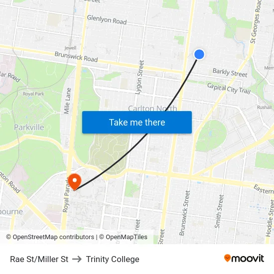 Rae St/Miller St to Trinity College map