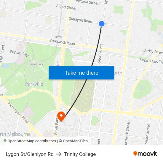 Lygon St/Glenlyon Rd to Trinity College map