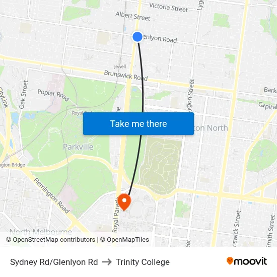 Sydney Rd/Glenlyon Rd to Trinity College map