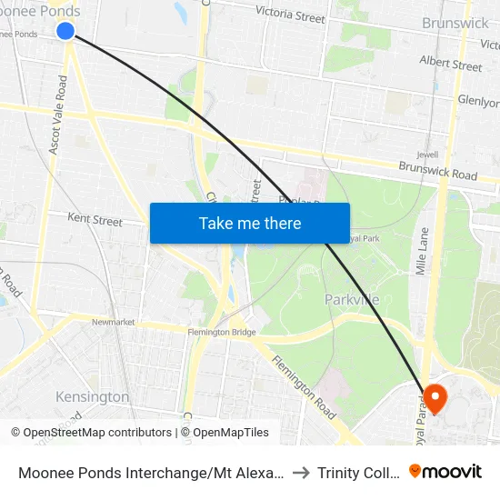 Moonee Ponds Interchange/Mt Alexander Rd to Trinity College map