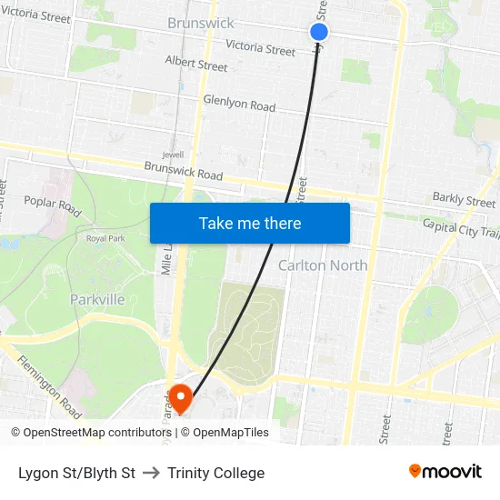 Lygon St/Blyth St to Trinity College map