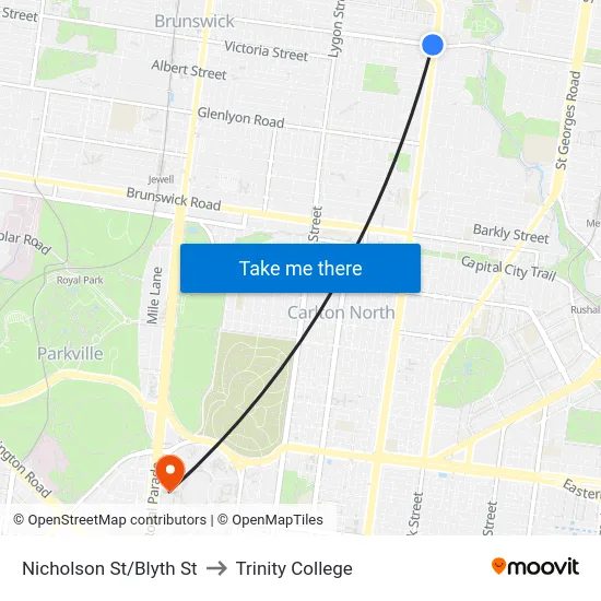Nicholson St/Blyth St to Trinity College map