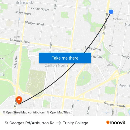 St Georges Rd/Arthurton Rd to Trinity College map