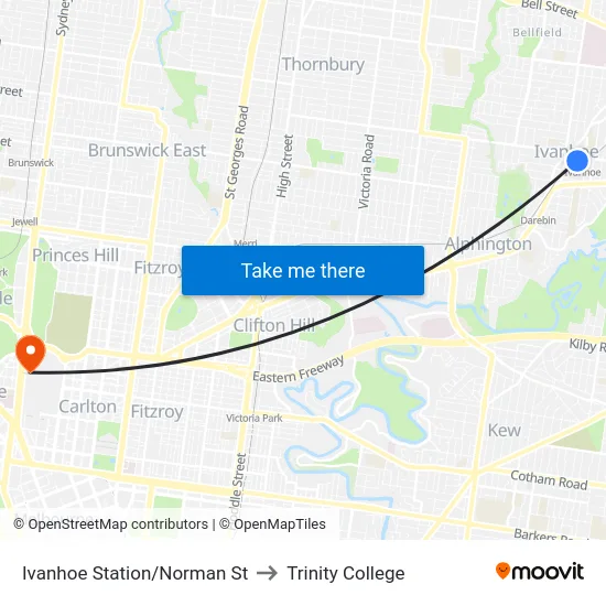 Ivanhoe Station/Norman St to Trinity College map