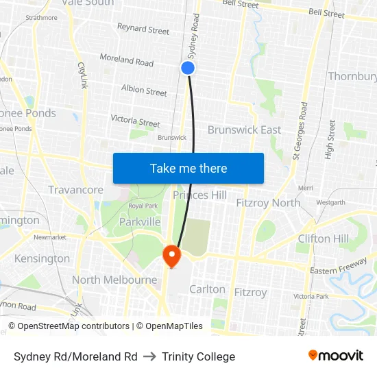 Sydney Rd/Moreland Rd to Trinity College map