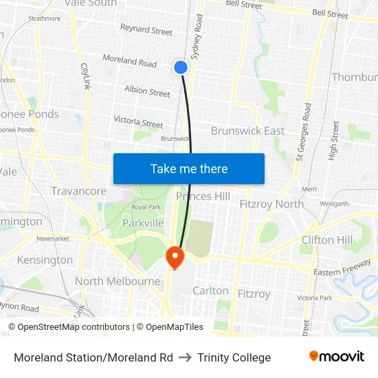 Moreland Station/Moreland Rd to Trinity College map