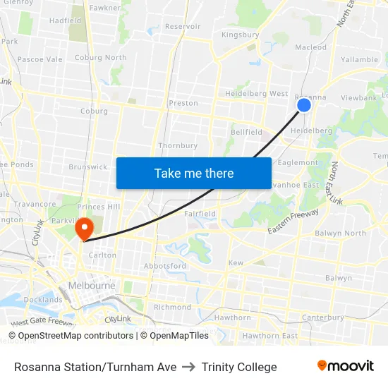 Rosanna Station/Turnham Ave to Trinity College map