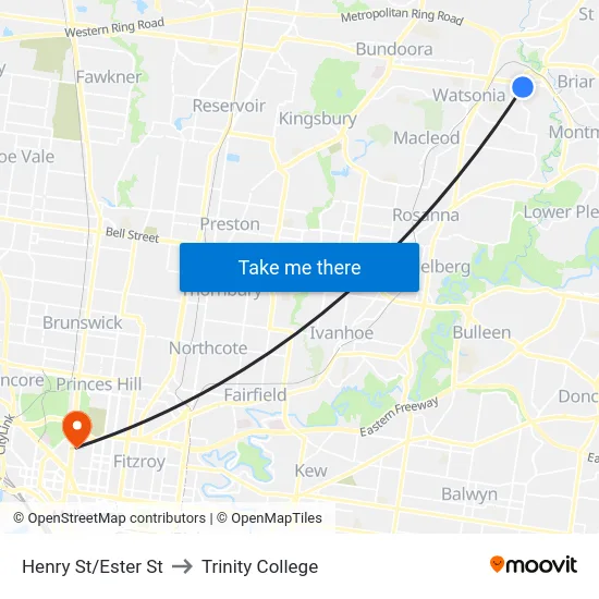 Henry St/Ester St to Trinity College map