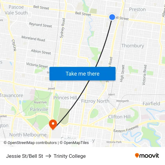 Jessie St/Bell St to Trinity College map