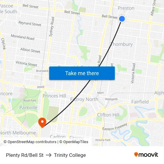 Plenty Rd/Bell St to Trinity College map